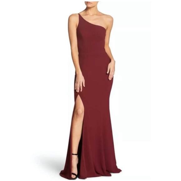 Dress The Population maroon Amy one shoulder crepe gown bridesmaid side slit M - Picture 1 of 13